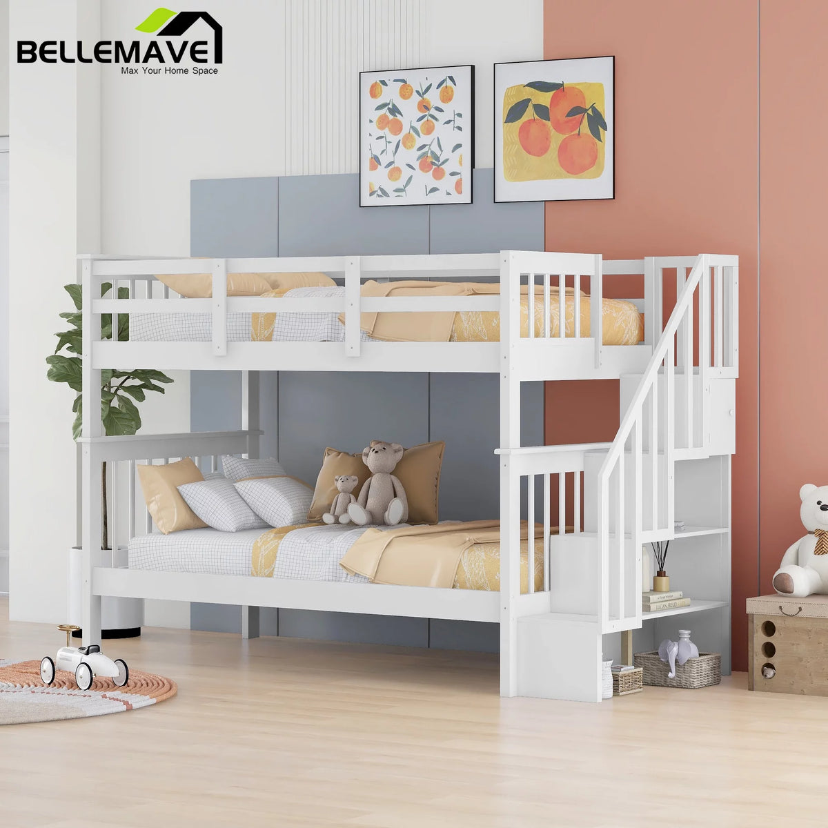Twin Over Twin Bunk Bed with Storage Stairs and Guardrail, White W127440