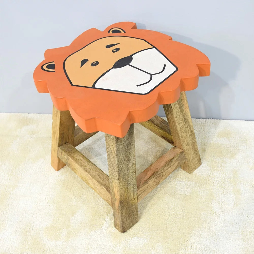 Handmade Mango Wood Orange Lion Shaped Stool K9661