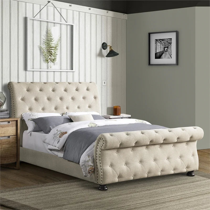 Beige California King Wood Tufted Sleigh Bed X290372