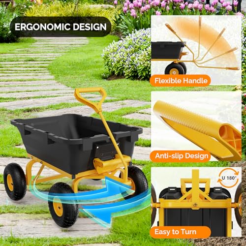Heavy Duty Dump Cart Wagon, 770LBS Poly Wheelbarrow, 10in All-Terrain Pneumatic Tires B573405