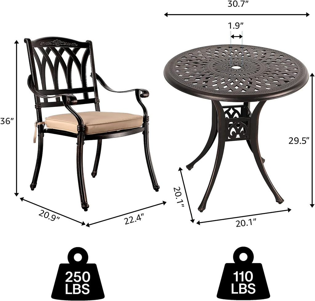 3 Piece Cast Aluminum Bistro Table Set with Umbrella Hole B479