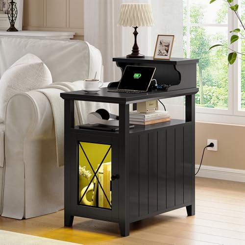 Black Farmhouse End Table with Charging Station and LED Lights T36267