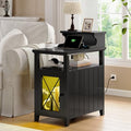 Black Farmhouse End Table with Charging Station and LED Lights T36267