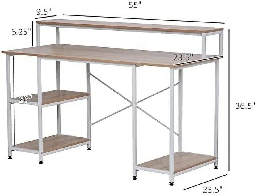 55 Inch Grey Wood Grain Computer Desk with Shelves E3948