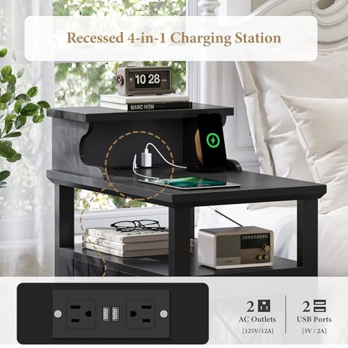 Black Farmhouse End Table with Charging Station and LED Lights T36267