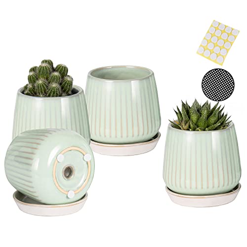 Blue Set of 4 Ceramic Succulent Planter Pots with Drainage Hole and Saucers A124429