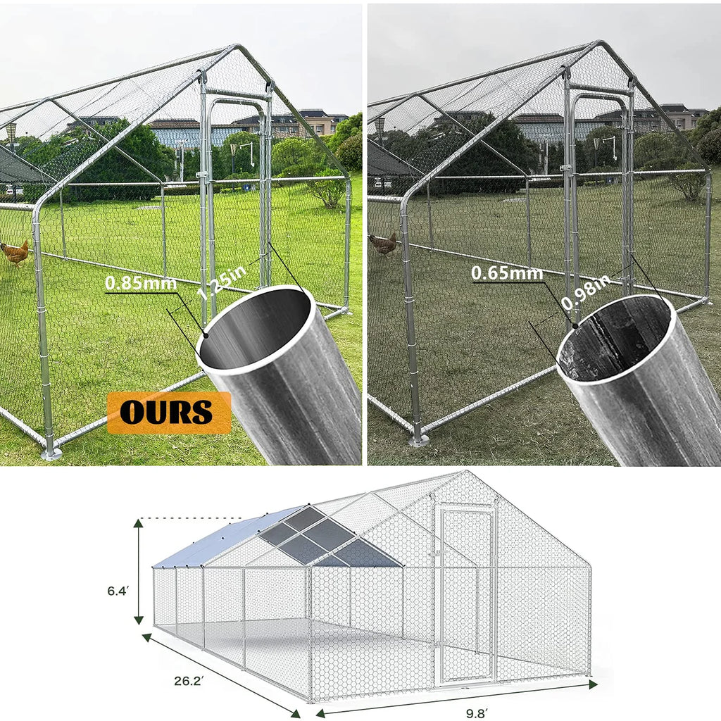 Large Chicken Run Coop 10x26ft Metal Hen House Poultry Cage with Cover Y350747