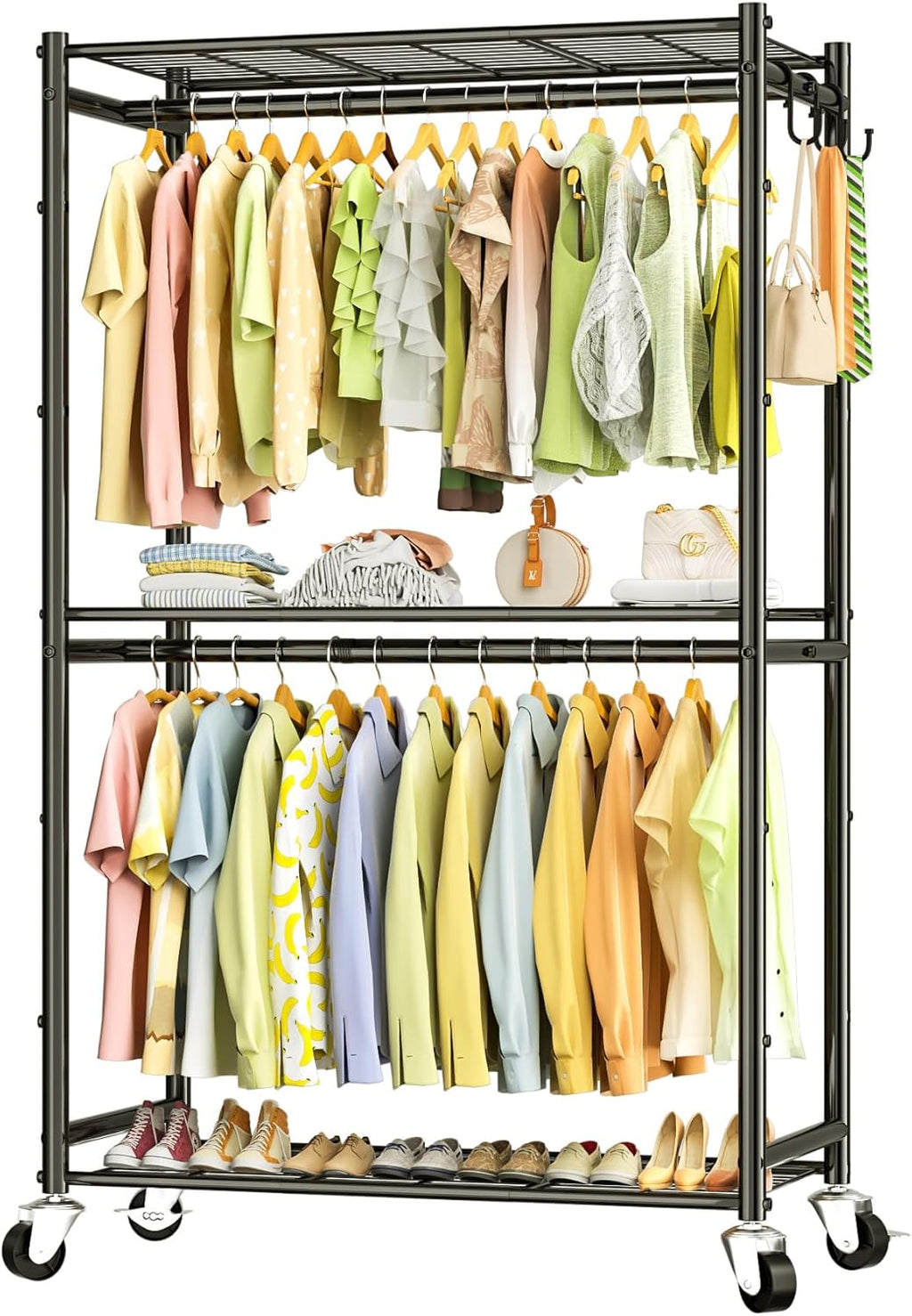 Heavy Duty Metal Rolling Clothes Rack with Double Rods & 3 Wire Shelves V506802