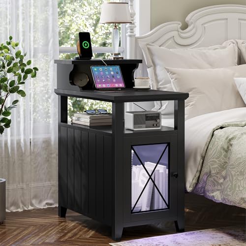 Black Farmhouse End Table with Charging Station and LED Lights T36267