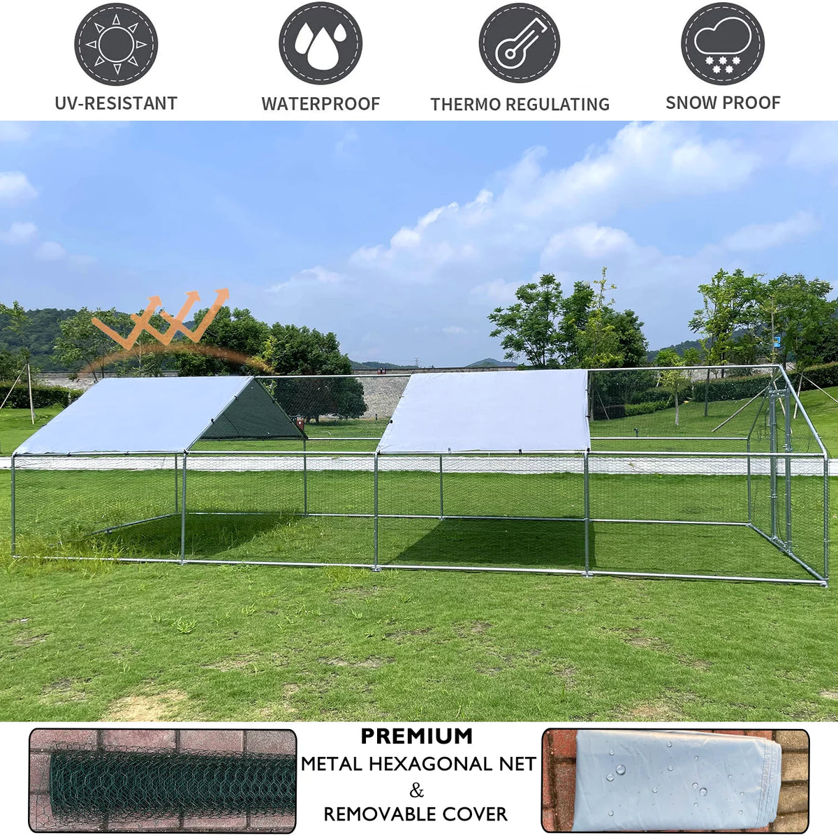 Large Chicken Run Coop 10x26ft Metal Hen House Poultry Cage with Cover Y350747
