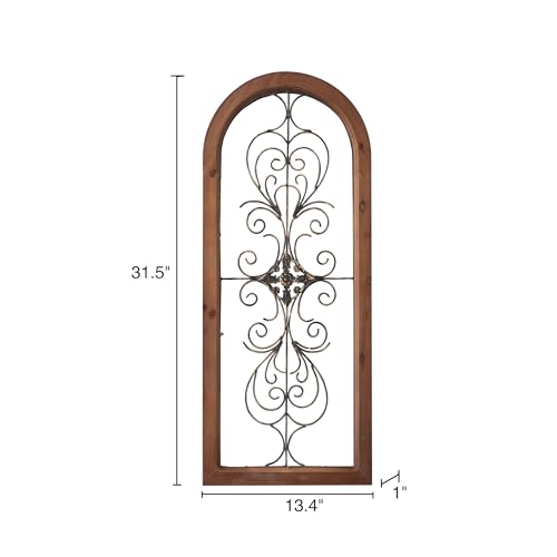 Vintage Metal Wall Art 13 X 32 Inches, Handmade Distressed Wooden Wall Panels with Carved Wrought Iron Z82206