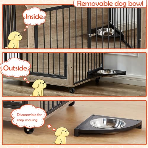 Large Dog Kennel Furniture with 1 Stainless Steel Bowls (43Inch Grey) A531876