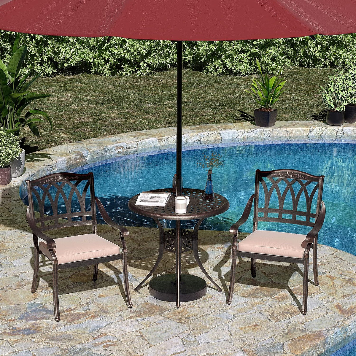 3 Piece Cast Aluminum Bistro Table Set with Umbrella Hole B479