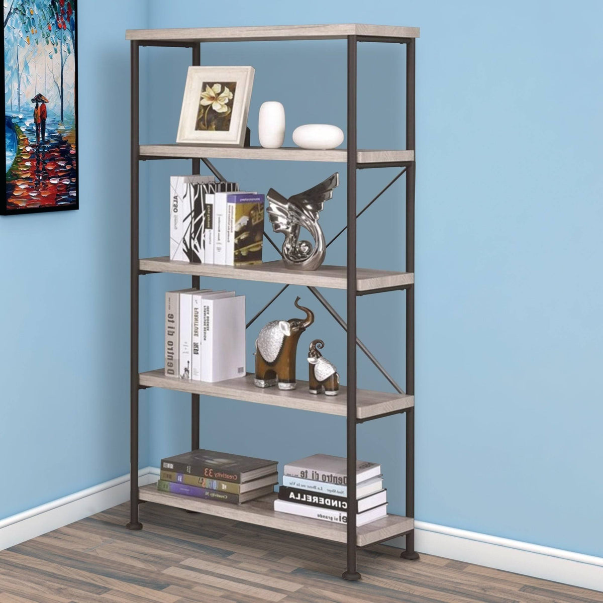 Gray Wood and Metal Open Bookcase U6053