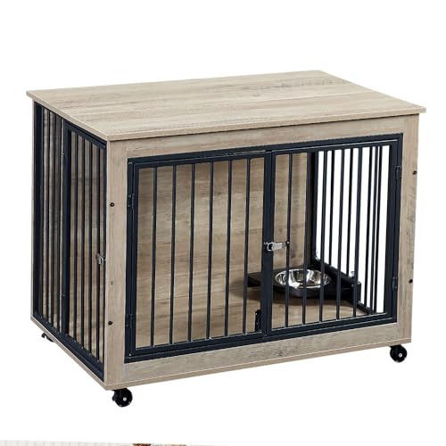 Large Dog Kennel Furniture with 1 Stainless Steel Bowls (43Inch Grey) A531876