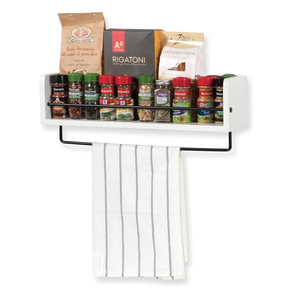 White Rustic Wood Wall Shelf with Metal Rail D837