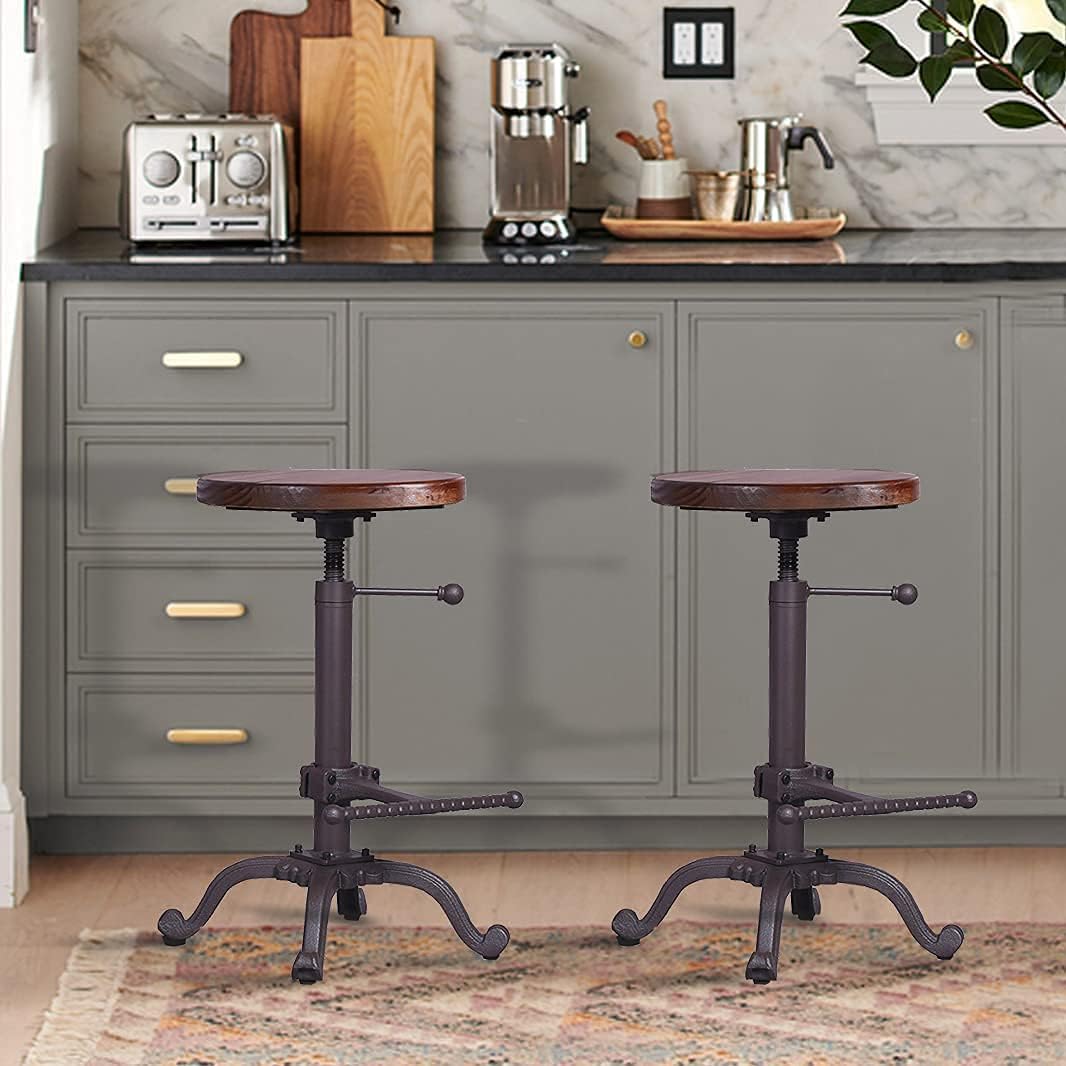 Rustic Swivel Adjustable 22-26 Bar Stool Cast Iron Wooden Brown R916