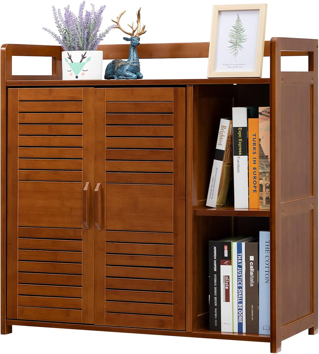 Bamboo Floor Storage Cabinet with 2 Doors and 2 Open Shelves, Antique Brown L92302
