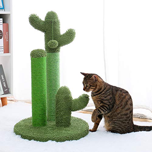 Cat Scratching Post Cactus Cat Scratcher with 3 Scratching Poles and Interactive Dangling Ball F173