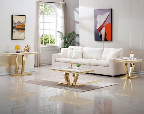 4 Piece Faux Marble Coffee Table Set with Gold Stainless Steel Base E3244