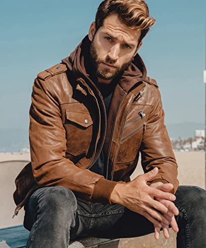 Brown Leather Motorcycle Jacket with Removable Hood S660