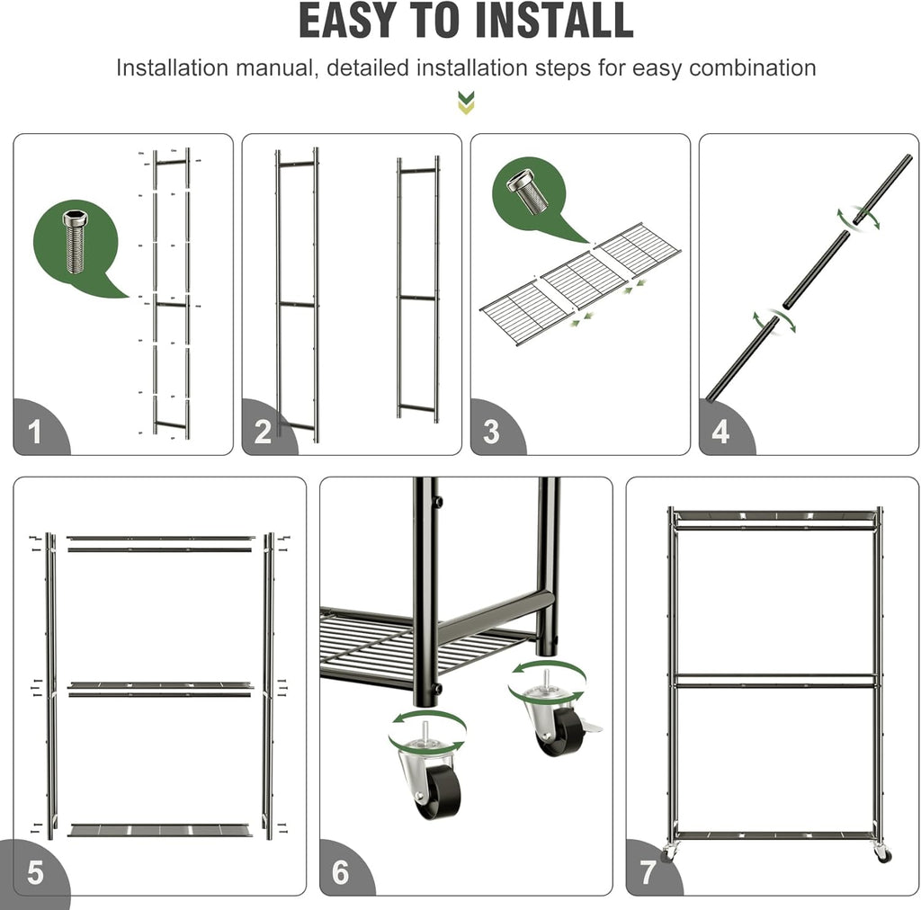 Heavy Duty Metal Rolling Clothes Rack with Double Rods & 3 Wire Shelves V506802