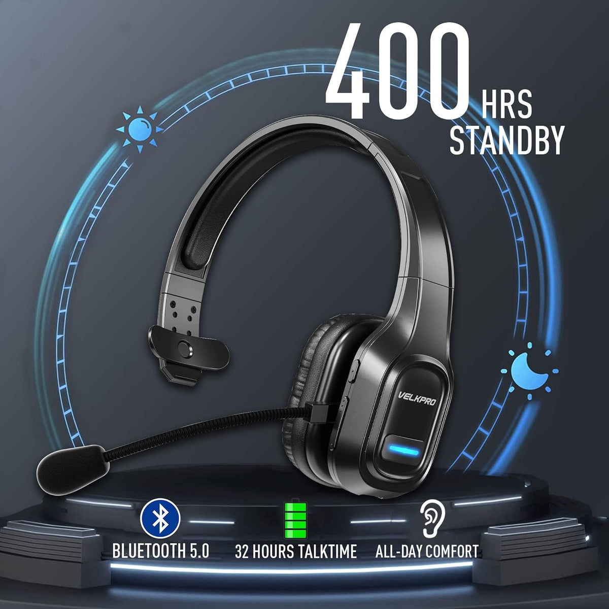 Wireless Headset with Microphone, Single-Ear Headphone with Adjustable Headband B333231