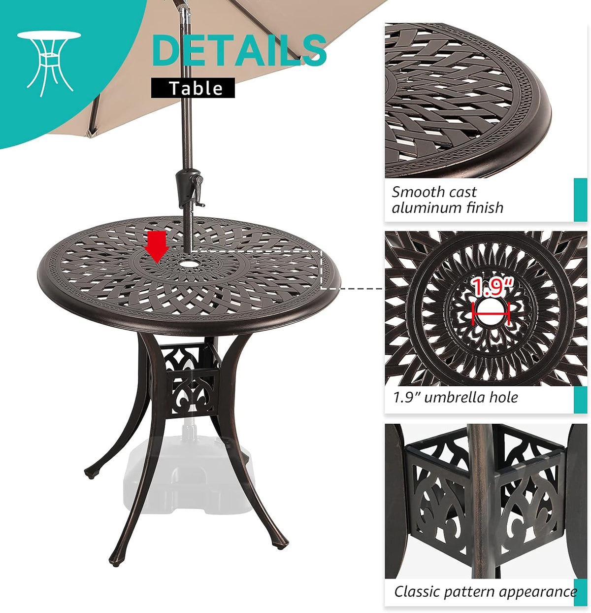 3 Piece Cast Aluminum Bistro Table Set with Umbrella Hole B479