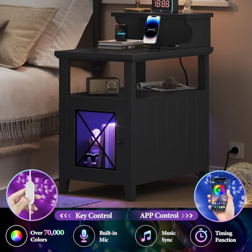 Black Farmhouse End Table with Charging Station and LED Lights T36267