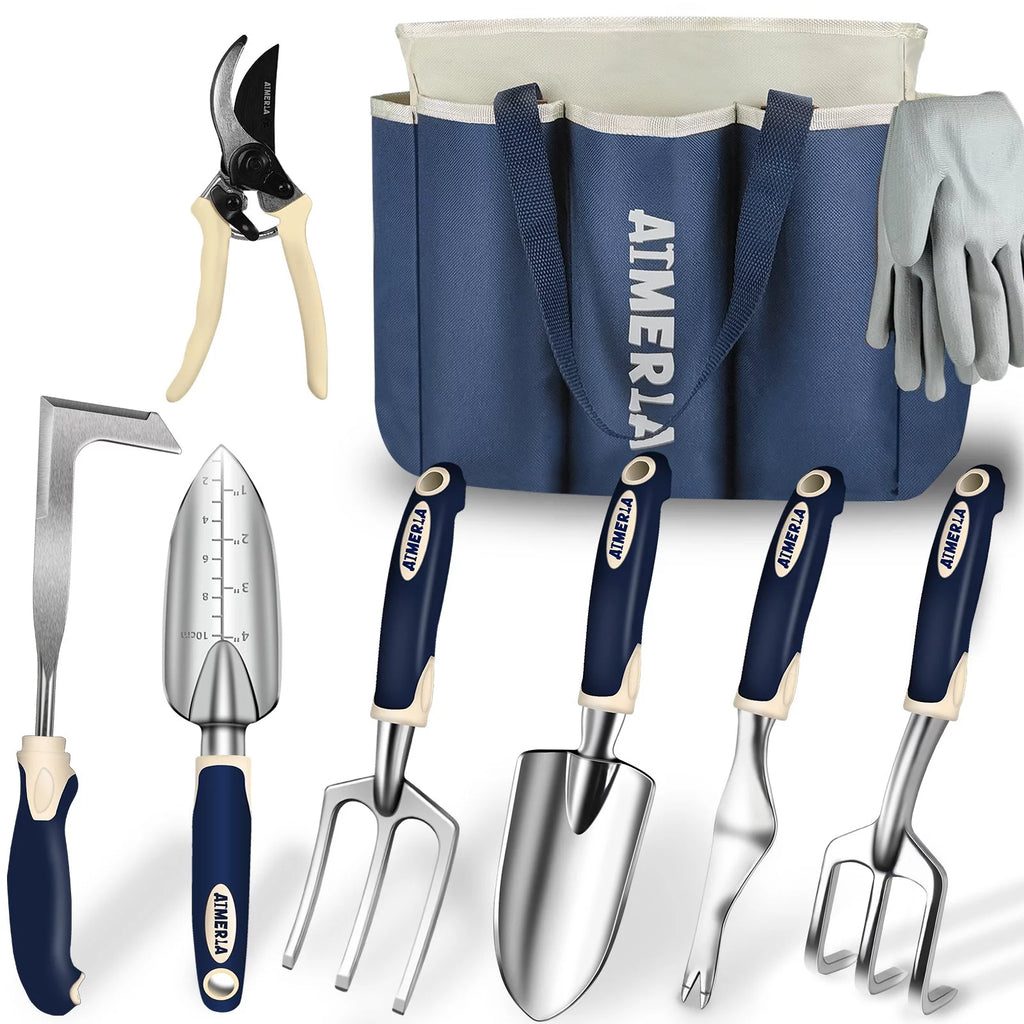 Set of 9 Heavy Duty Garden Tools with Non-Slip Rubber Grip and Large Garden Bag N7500