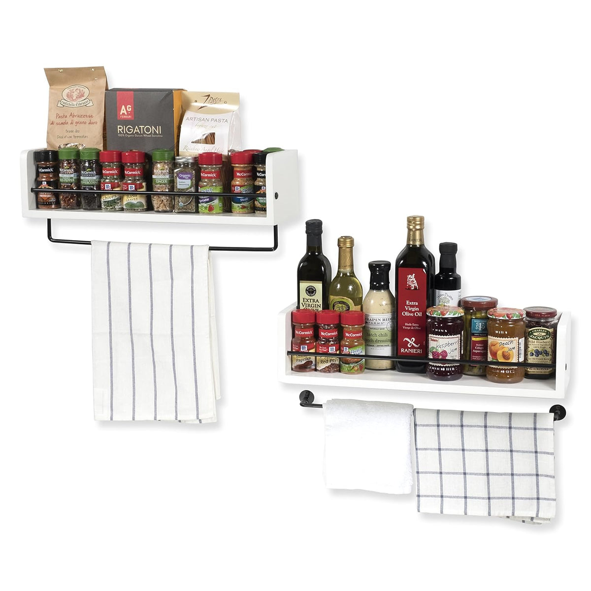 White Rustic Wood Wall Shelf with Metal Rail D837