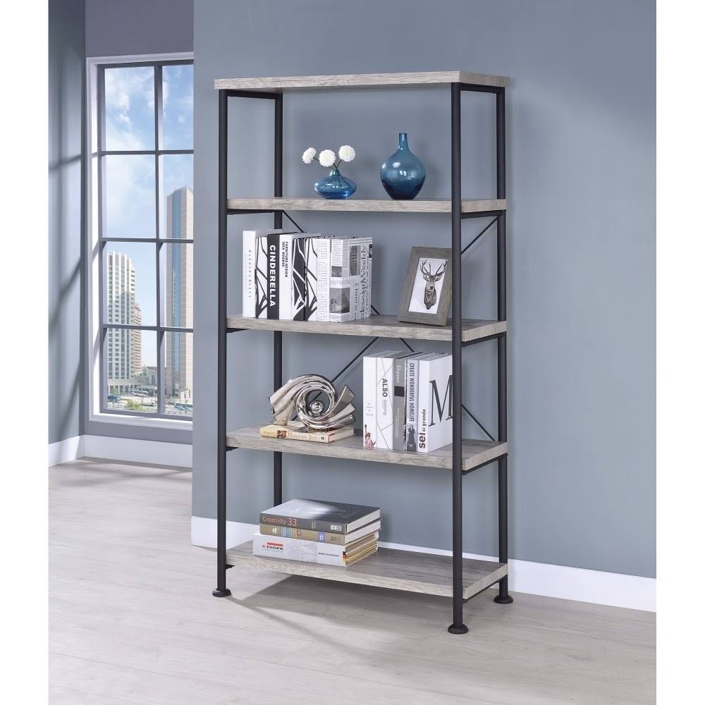 Gray Wood and Metal Open Bookcase U6053