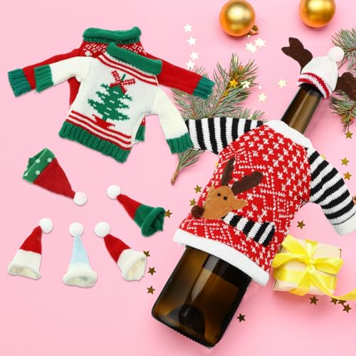 16 Sets Christmas Wine Bottle Sweater Cover with Hat Knitted Dress Snowman Elk Santa J244181