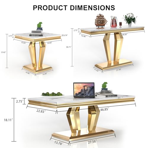 4 Piece Faux Marble Coffee Table Set with Gold Stainless Steel Base E3244