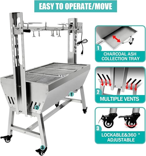 Stainless Steel Charcoal Spit Rotisserie Roaster Grill with Back Cover Guard and Baffle Z942