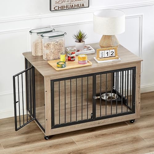 Large Dog Kennel Furniture with 1 Stainless Steel Bowls (43Inch Grey) A531876