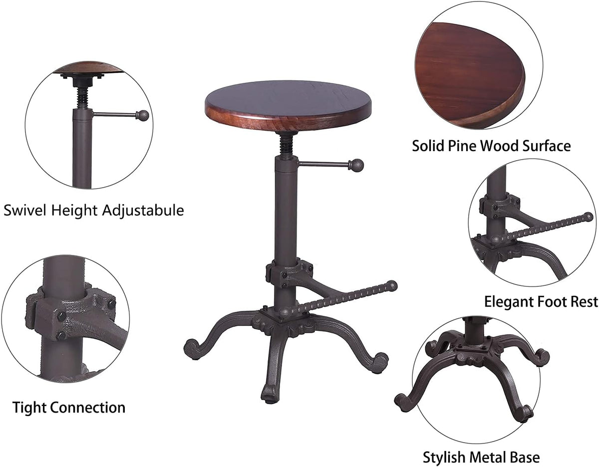 Rustic Swivel Adjustable 22-26 Bar Stool Cast Iron Wooden Brown R916