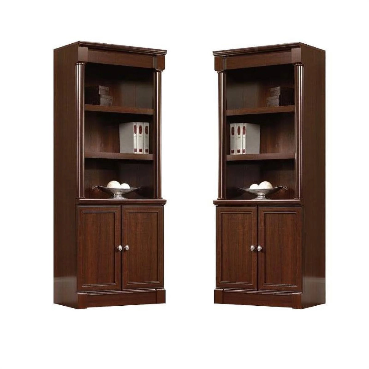 3 Shelf Wood Bookcase with Doors in Cherry (Set of 2) J984110