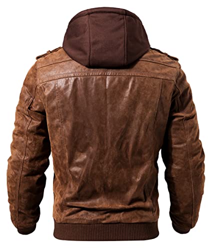 Brown Leather Motorcycle Jacket with Removable Hood S660