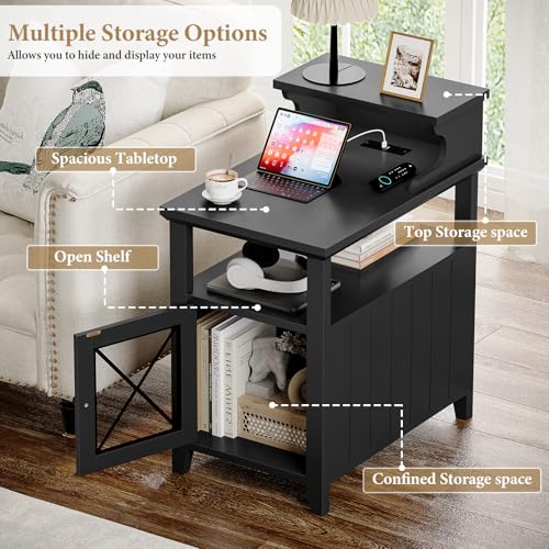 Black Farmhouse End Table with Charging Station and LED Lights T36267