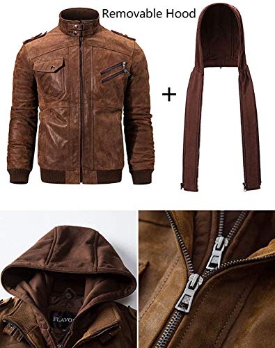 Brown Leather Motorcycle Jacket with Removable Hood S660