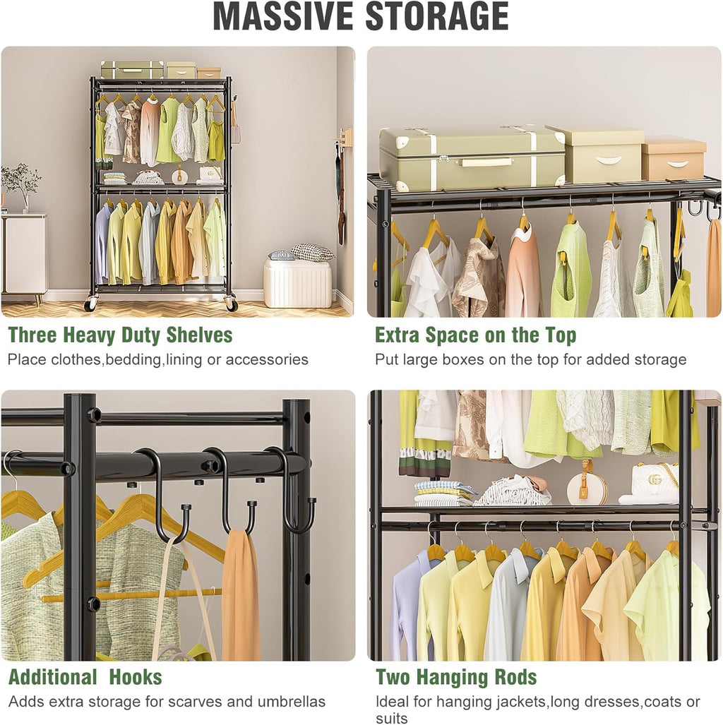 Heavy Duty Metal Rolling Clothes Rack with Double Rods & 3 Wire Shelves V506802