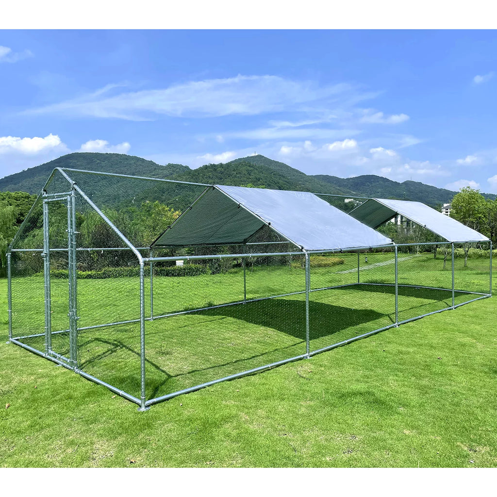 Large Chicken Run Coop 10x26ft Metal Hen House Poultry Cage with Cover Y350747