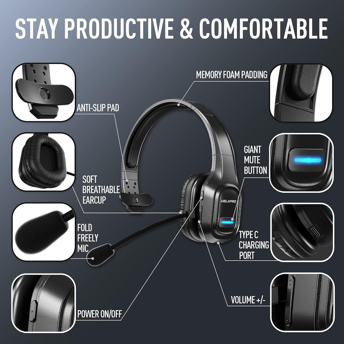 Wireless Headset with Microphone, Single-Ear Headphone with Adjustable Headband B333231