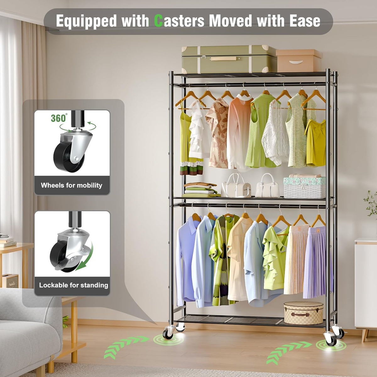 Heavy Duty Metal Rolling Clothes Rack with Double Rods & 3 Wire Shelves V506802