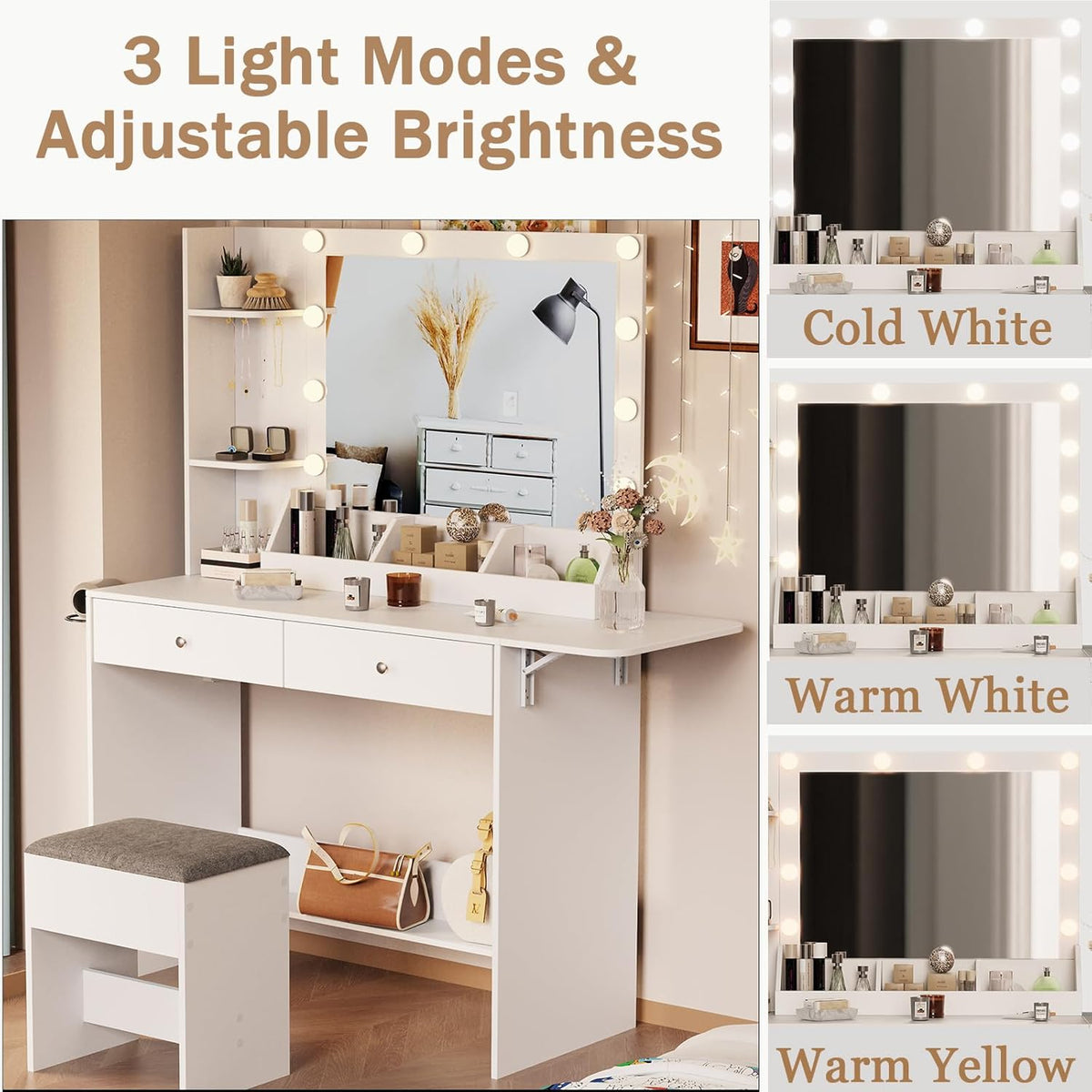 White Makeup Vanity Desk with Lights and Charging Station, 2 Drawers & Cushioned Stool H9921