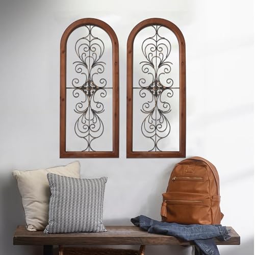 Vintage Metal Wall Art 13 X 32 Inches, Handmade Distressed Wooden Wall Panels with Carved Wrought Iron Z82206