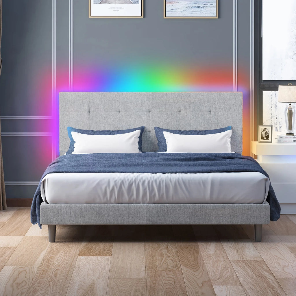 Light Grey Linen Fabric Upholstered Full Size Platform Bed Frame with Adjustable Headboard P484