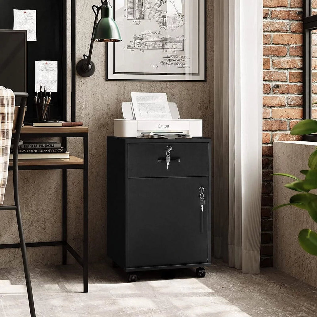Black Mobile Office Cabinet with 1 Lockable Drawer U75204