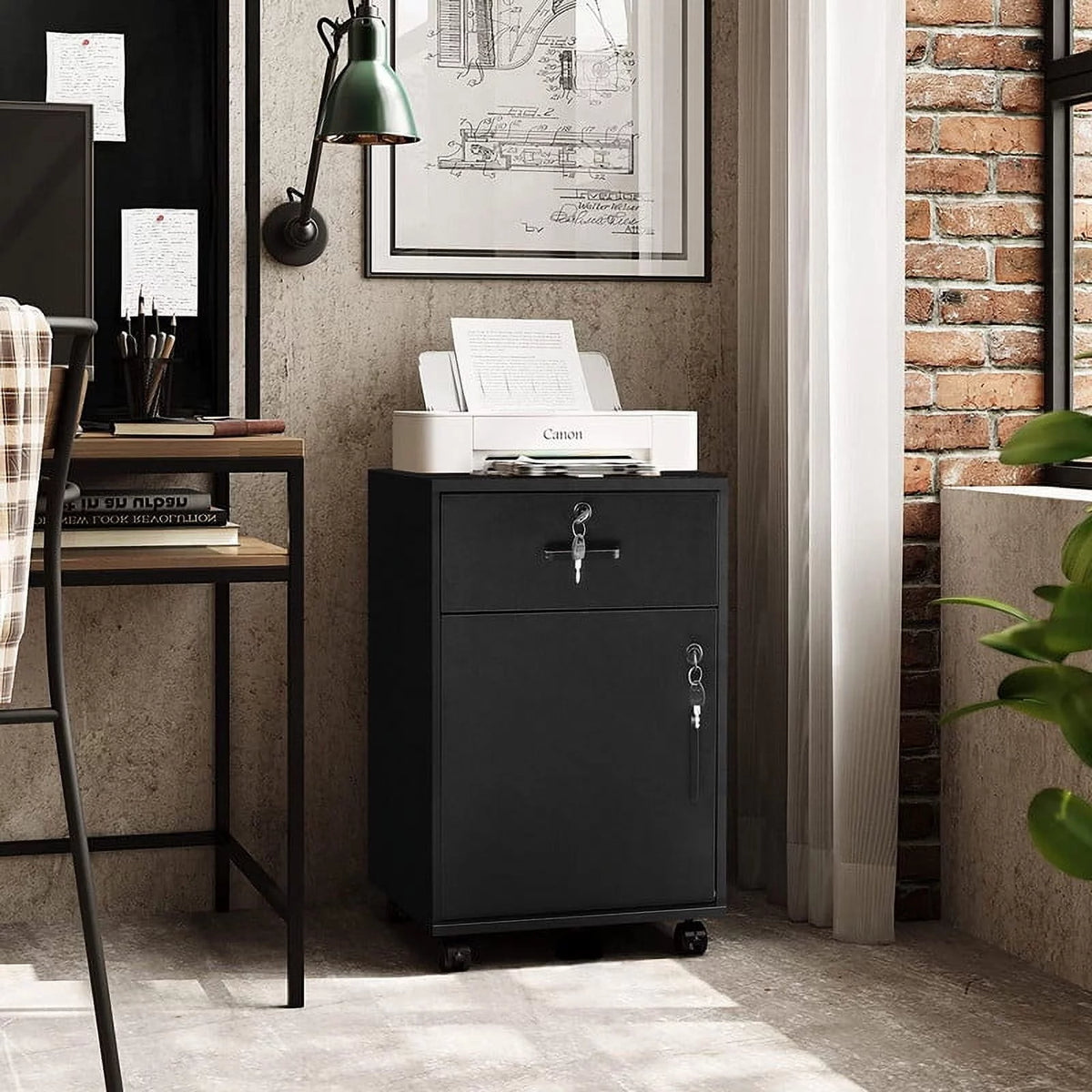 Black Mobile Office Cabinet with 1 Lockable Drawer U75204